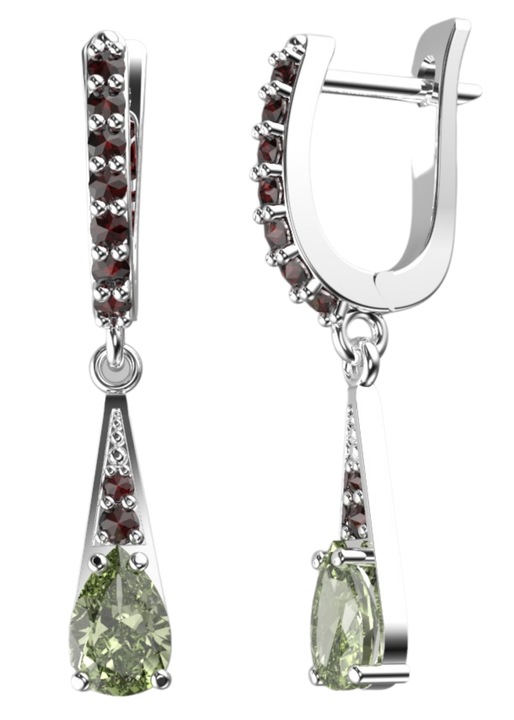 Дамски Обеци A-B, Гранати, Молдавит, Сребро 925, Английско Заключване