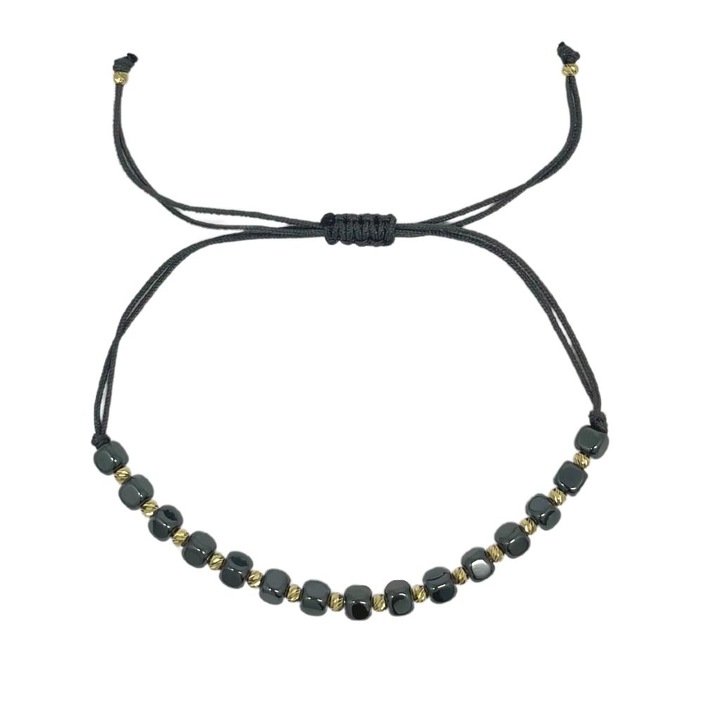 14 k arany zsinór karkötő golyókkal és szürke négyszög alakú hematit kővel, 4 mm