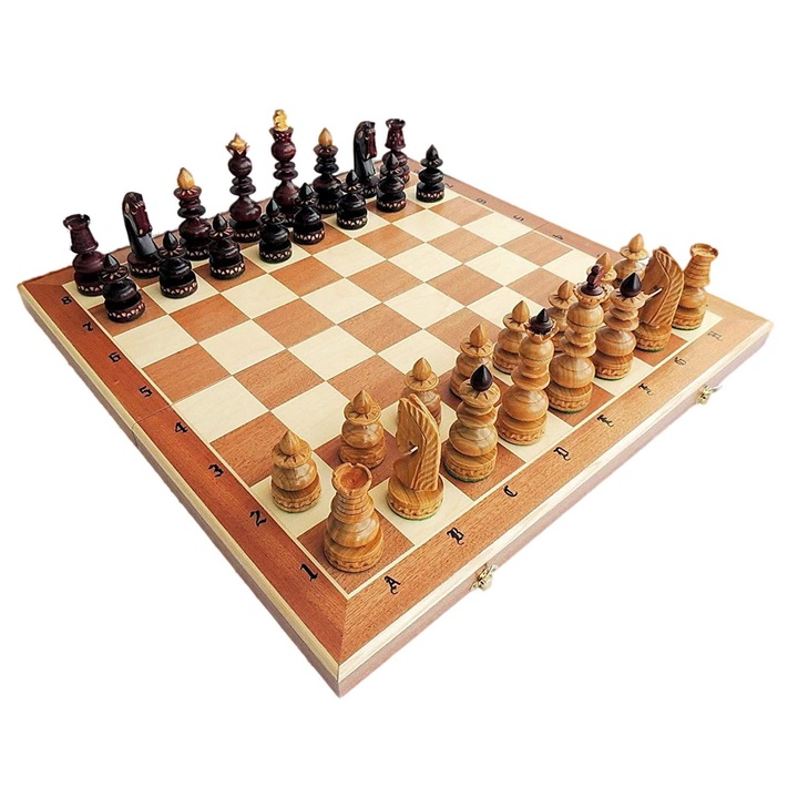 Set de sah Master of Chess, Model clasic, Tabla pliabla, 59 x 59 cm, Lemn, Alb, Maro, Verde