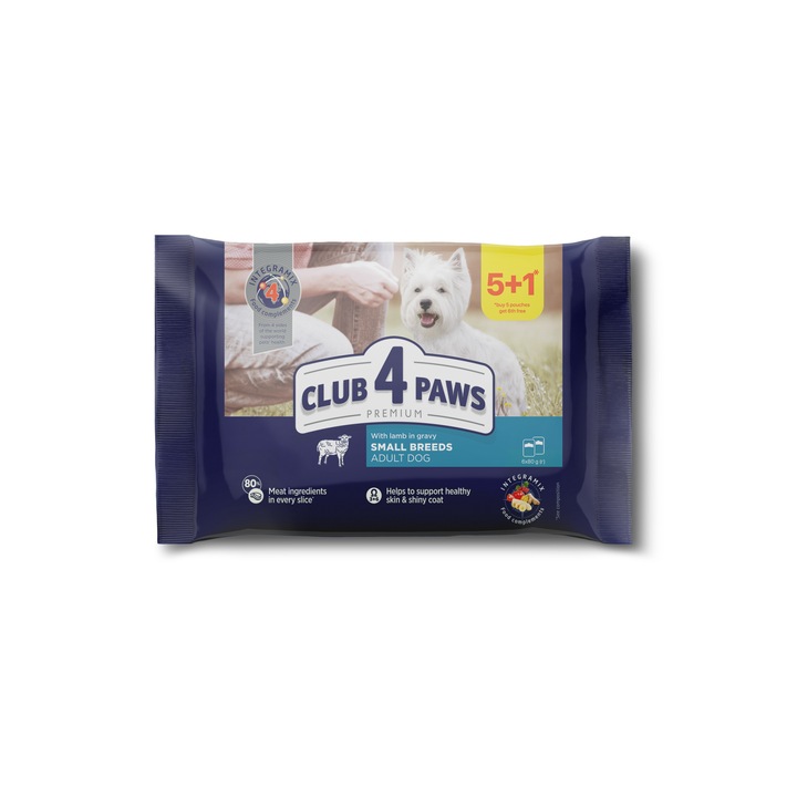 Set Hrana umeda completa Club 4 Paws Premium pentru caini adulti de talie mica - cu miel in sos, 6x80 g