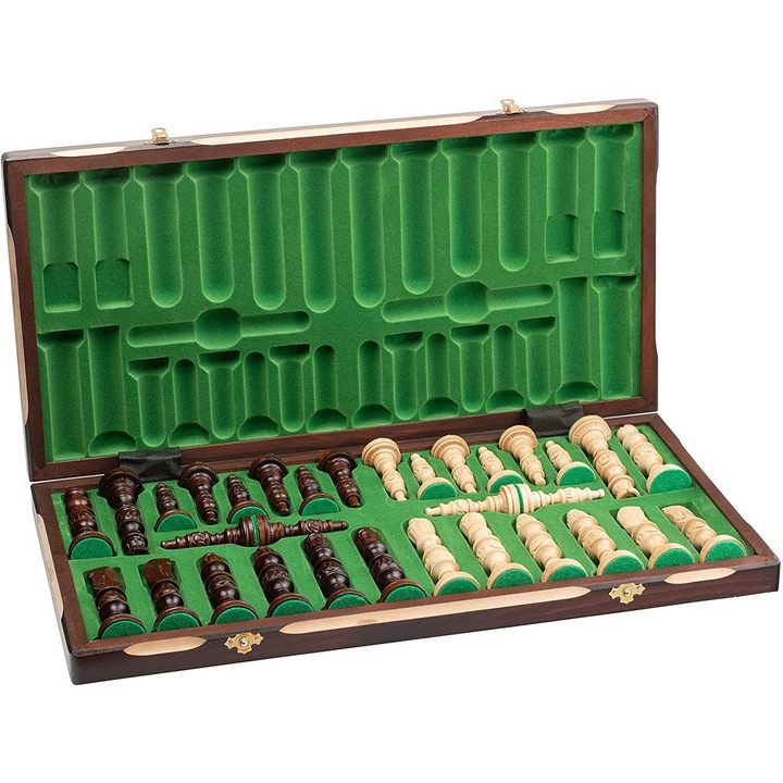 Set de sah Master of Chess, Model clasic, Tabla pliabla, 58 x 58 cm, Lemn, Alb, Maro, Verde