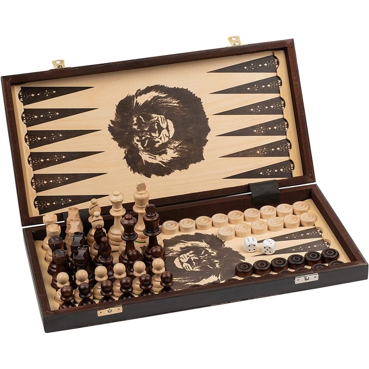 Set 3 in 1 Master of Chess, Sah, Table, Dame, Model clasic, Cu zaruri, Tabla pliabla, 40 x 40 cm, Lemn, Alb, Maro