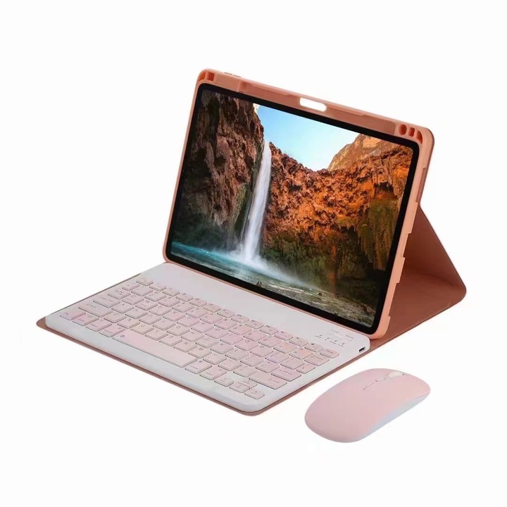 Калъф Sigloo, За безжична клавиатура и мишка, Bluetooth, Съвместим с таблет Samsung Galaxy Tab A8 10.5", Модел X200 / X205, Розов