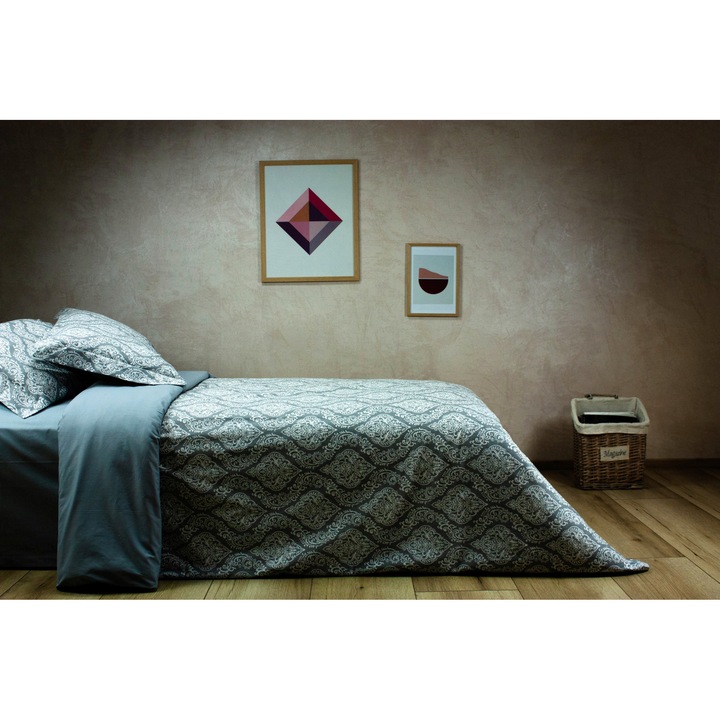 Lenjerie De Pat Double 4 piese Ranforce, Bumbac 100%, DiVe, Gri / Alb, 240 x 260 cm