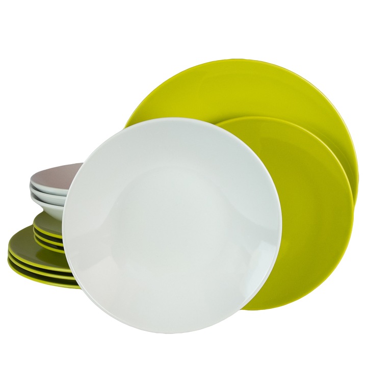 Set farfurii 12 piese, pentru 4 persoane, Lily, Cesiro, Alb/Verde Lime