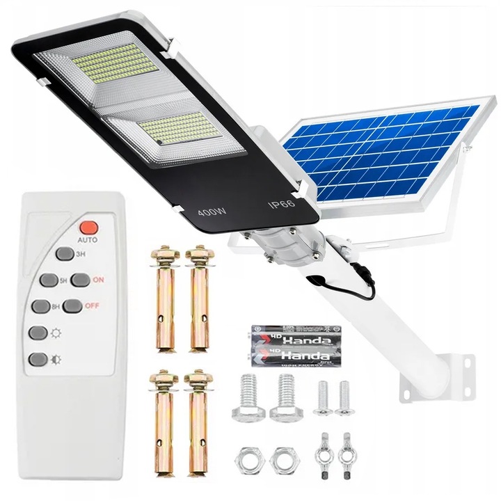 Соларна улична лампа Zenino - 400W, IP66, соларен панел, 20 часа автономност, 6 режима на работа, включено дистанционно управление и монтажни винтове, черно