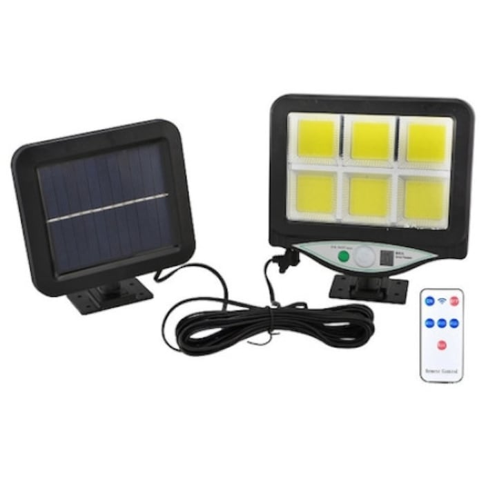 Lampa solara LED, cu panou solar, 128 - 6 COB, de exterior, senzor de miscare, telecomanda, Rezistenta la apa