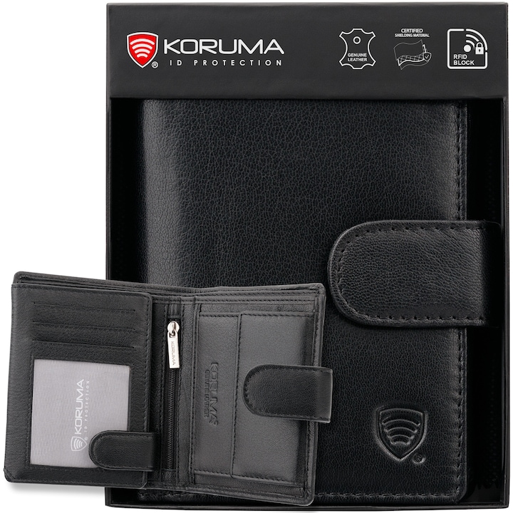 Portofel barbati, piele naturala, securitate RFID BLOCK, buzunar pentru buletin, Koruma, SM-904GBL, Negru mat