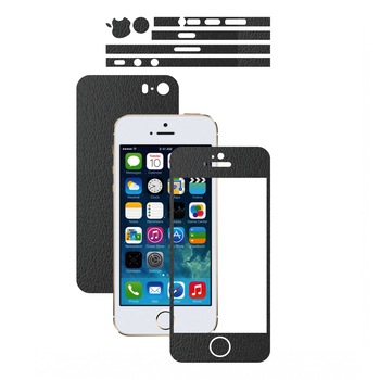 Apple iPhone 5S / SE - Folie Full Body Carbon Skinz,Husa tip Skin Protectie Totala, (Folie Rama Ecran + Folie Carcasa si Laterale),Piele Neagra