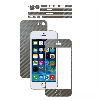 Apple iPhone 5S / SE - Folie Full Body Carbon Skinz,Husa tip Skin Protectie Totala, (Folie Rama Ecran + Folie Carcasa si Laterale),Carbon Gri Argintiu