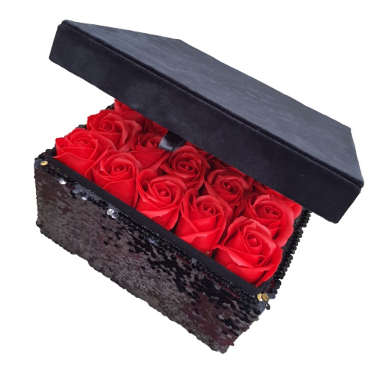 Aranjament in cutie cadou de catifea si paiete, cu 25 de trandafiri din sapun, 20x20x12