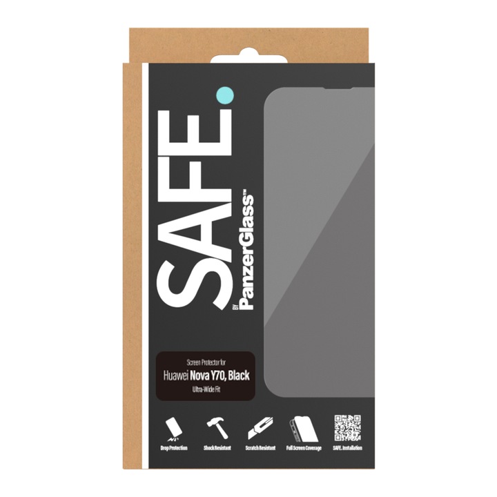 Стъклен протектор Safe за Huawei Nova Y70, Ultra Wilde Fit, Черен