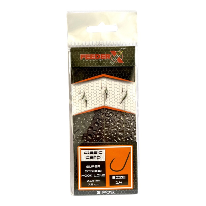 3 db FeederX Clasic Carp előkötött horog baitstinggel, 14-es méret