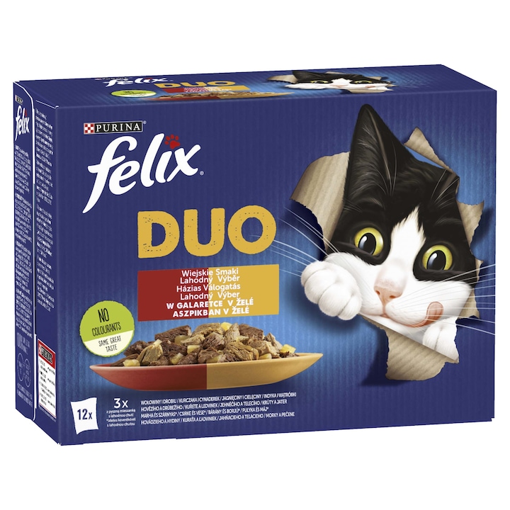 Hrana umeda pentru pisici Felix Fantastic Duo, Vita/Pui/Miel/Curcan, 12x85 g