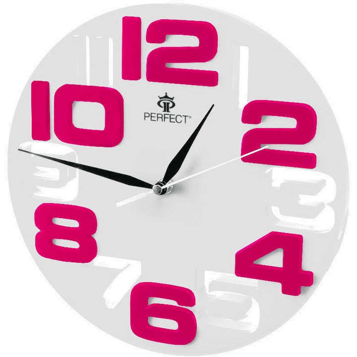 Ceas de perete modern, Perfect, ZSWL689A/3, Plastic, 25 cm, Alb/Roz