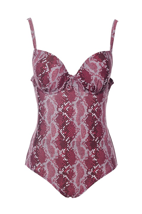 Costum de baie intreg modelator, cupe formate cu burete subtire, model de lux, Imprimeu Animal print, Intimamoda Lizard LD50, Visiniu