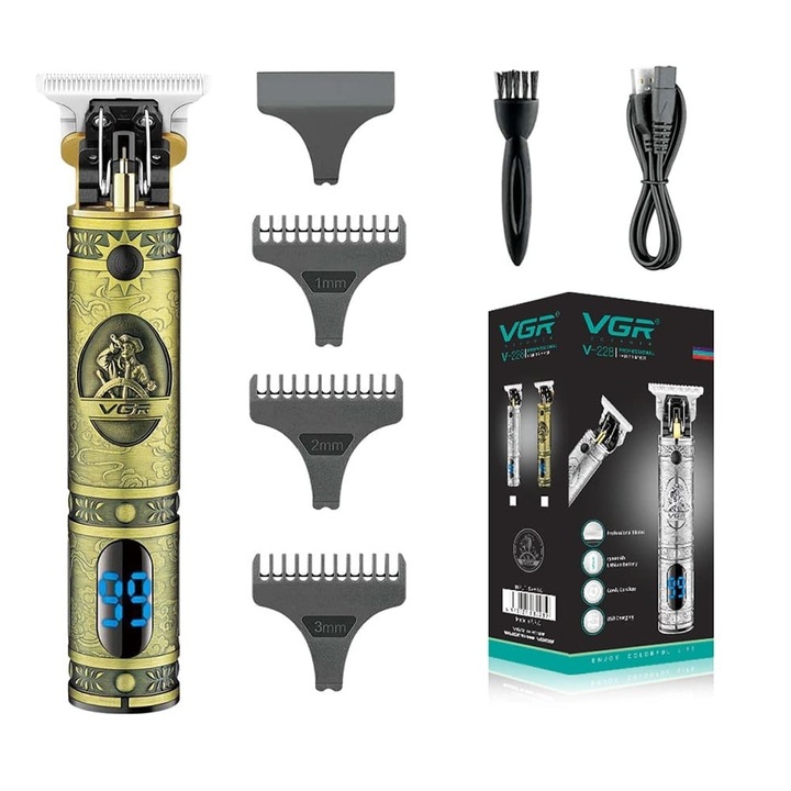 Masina tuns profesionala, VGR Voyager, 3 capete, Cablu USB, Auriu