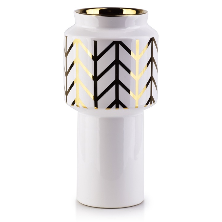 Vaza din ceramica decorativa, Mondex, 12x25cm, Alb/Auriu