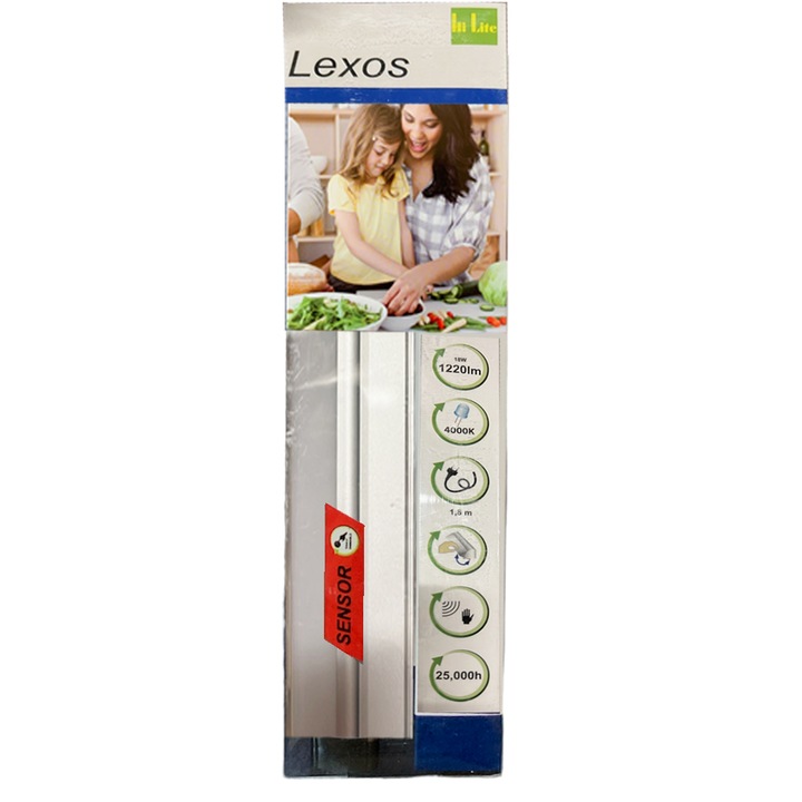 Led lámpa szekrények alá, Hi Lite Lexos 3650802-b9540, Érzékelő, 80cm, 1220lm, 18W, Energy A+, 4000K, Semleges fehér, Ezüst, Forgatható és dönthető, a lámpák egymáshoz csatlakoztathatóak