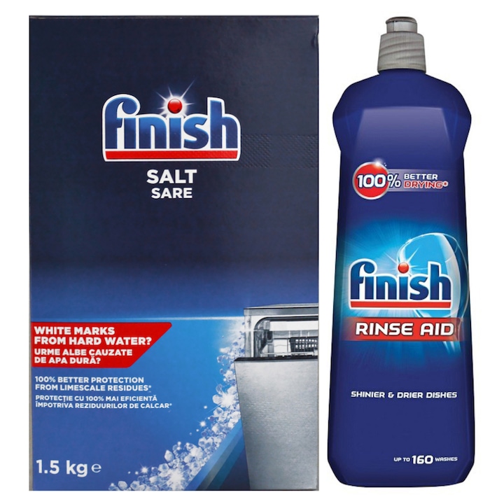 Опаковка Finish 800 ml препарат за изплакване и Finish 1,5 kg сол за съдомиялна машина