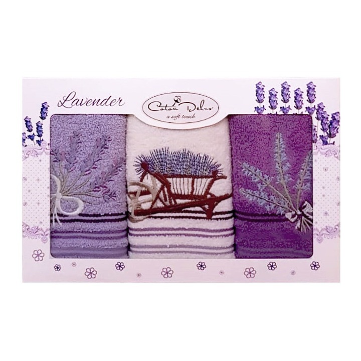 Комплект 3 кухненски кърпи с бродерия, 100% памук, размер 30х50 см, Delux Cotton, лавандула