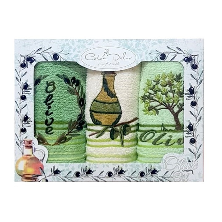3 db-os konyharuha szett hímzéssel, 100% pamut, mérete 30x50 cm, Delux Cotton, Olive v2