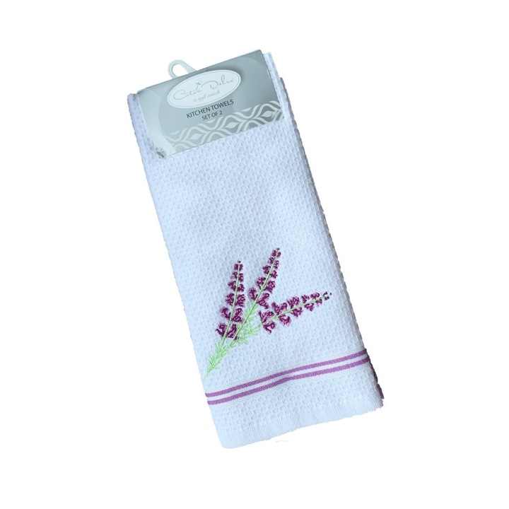 Set 2 prosoape bucatarie cu broderie, bumbac 100%, dimensiune 40x60cm, Coton Delux, Lavanda