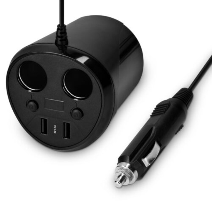 Autós adapter 2 aljzattal és 2 USB porttal Navaris, 12V, 24V, LED kijelző, Fekete, 49581.01