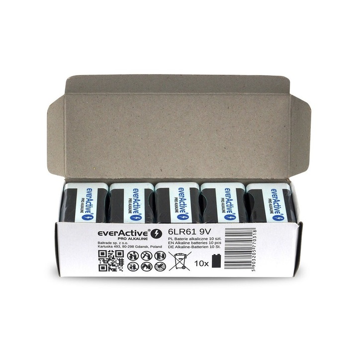 Set de 10 baterii alcaline, everactive pro 6lr61 6lf22 e-block 9v 550mah