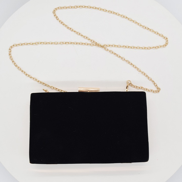 Geanta plic din catifea Jessyca, negru cu lant auriu, 13x20 cm