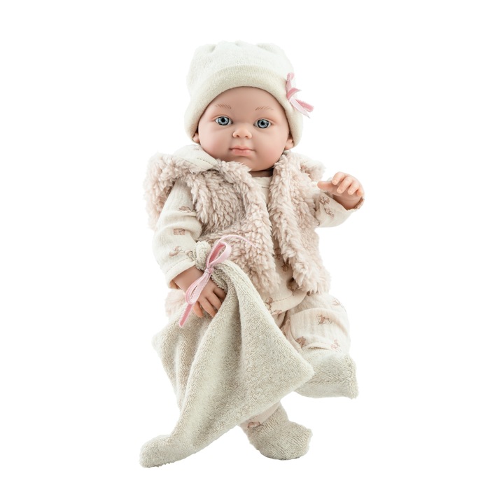 Lány baba bézs plüssmellénnyel - Baby, Paola Reina, 32 cm