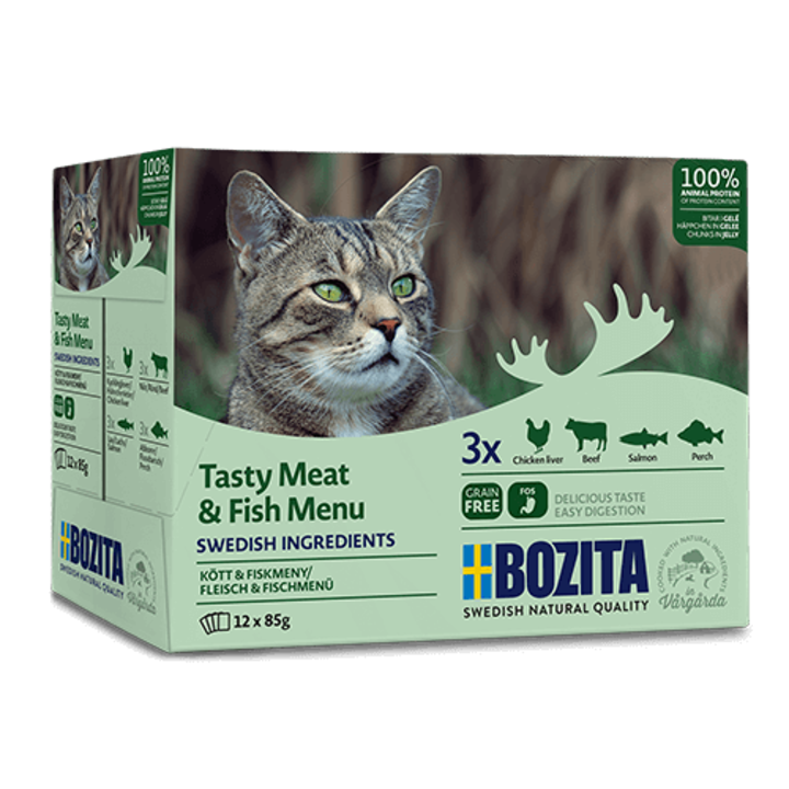Мокра храна за котки, Bozita, Пилешки дроб/Телешко/Сьомга/Костур, 12x85 g