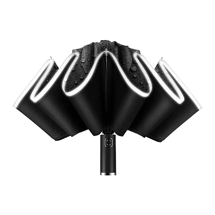 OEM Teleszkópos esernyő, Vinyl, automata, LED világítás, UV védelem, 104cm, fekete