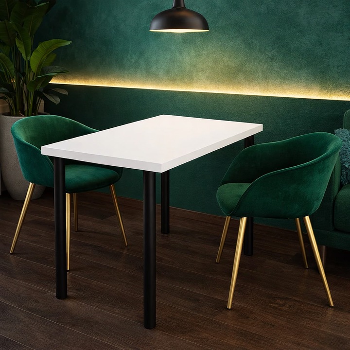 Masa Bucatarie / Dining, Blat Dublat si Rezistent de 36mm CMDesign, Pal Alb, Picioare Reglabile Inaltime, Negru Mat, Dimensiuni Blat 90x60x75