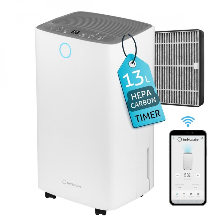 Dezumidificator si Purificator Turbionaire SENSO 13 WIFI Clean, 13 l/24h, Filtru Turbionaire T-Clean HEPA si Carbon, WIFI, Silentios 36 dB, Rezervor 2l, 120 m³/h, Indicator Luminos Umiditate, Timer