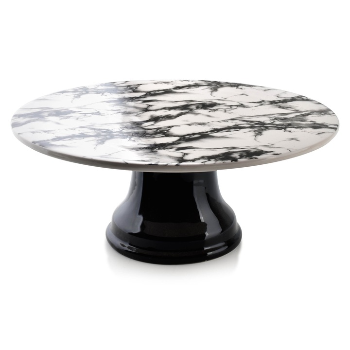 Tava servire cu picior, Mondex, Louise, Portelan, 25x25x10 cm, Alb/Negru