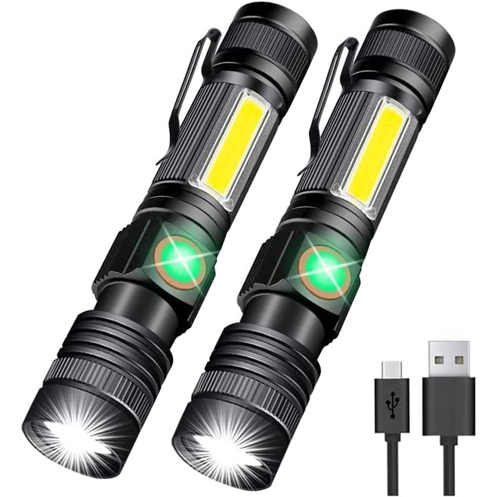 Комплект от 2 фенера, YWX, USB зареждане, магнитни, водоустойчиви, черни