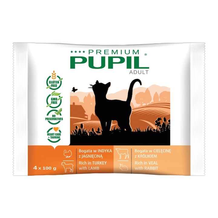 Hrana umeda pentru pisici, Pupil, Curcan/Miel/Vitel/Iepure, 4x100 g