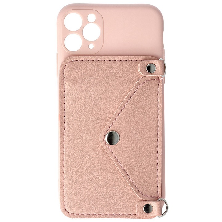 Калъф Crossbody Wallet, съвместим с iPhone 11 Pro, Commando Fonix, държач за карти и подвижна метална верижка, мини портмоне, розов