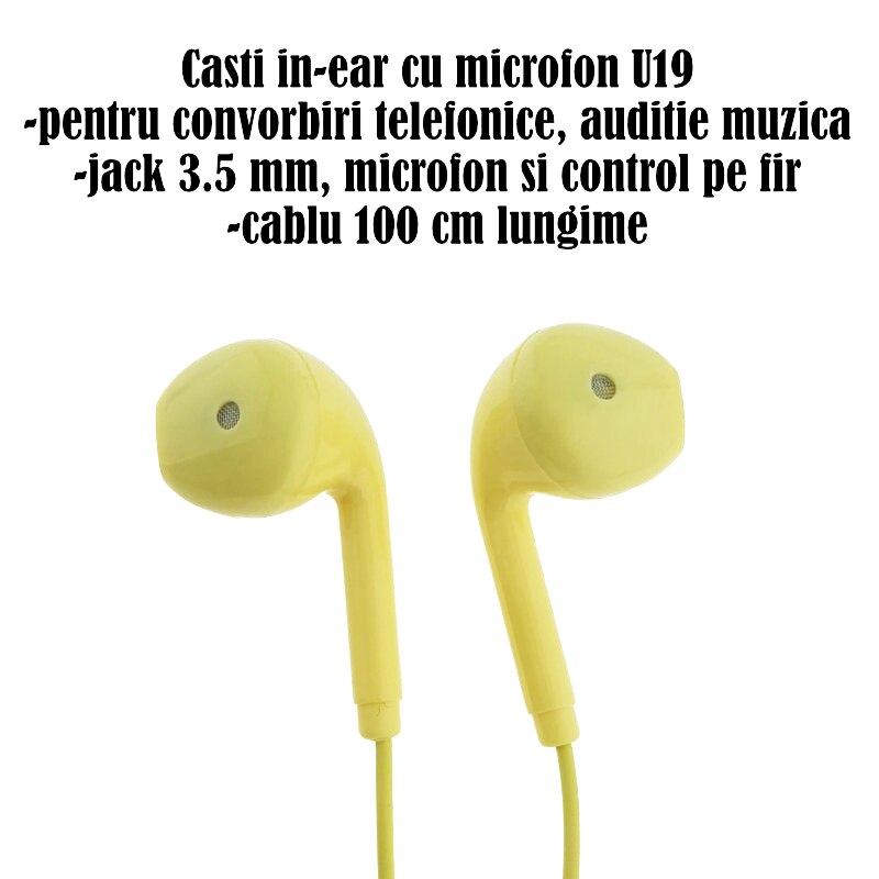 Casti in-ear cu microfon, U19-Y, conector jack 3.5mm, control pe fir, lungime cablu 100 cm, galbene Galben