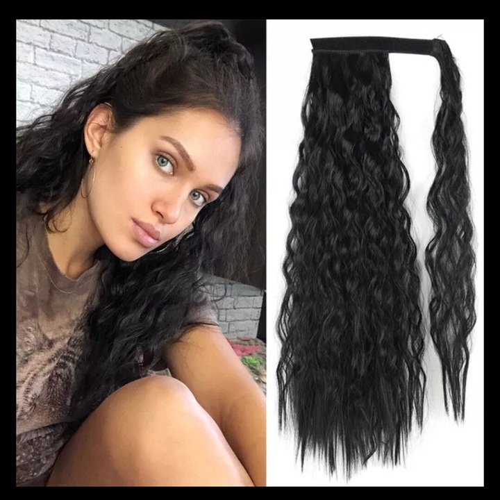 Extensie de par Coada par Neagra, creata, 60 cm, Animis Beauty®, fibra sintetica cu aspect natural, prindere cu suvita laterala