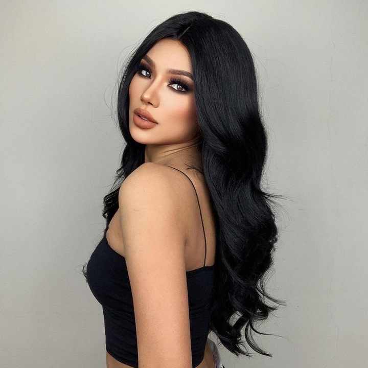 Peruca lunga Neagra, ondulata, fara breton, Animis Beauty®, fibra sintetica cu aspect natural, 65 cm