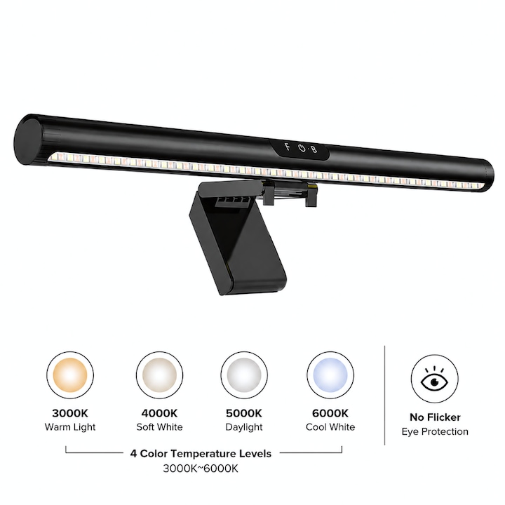 Lampa pentru monitor Huerler® iGlass Dual Pro, 2 lampi, luminare background, 4 nivele 3000K~6000K, ajustare luminozitate, no flicker, functie memorie, asimestrica, negru