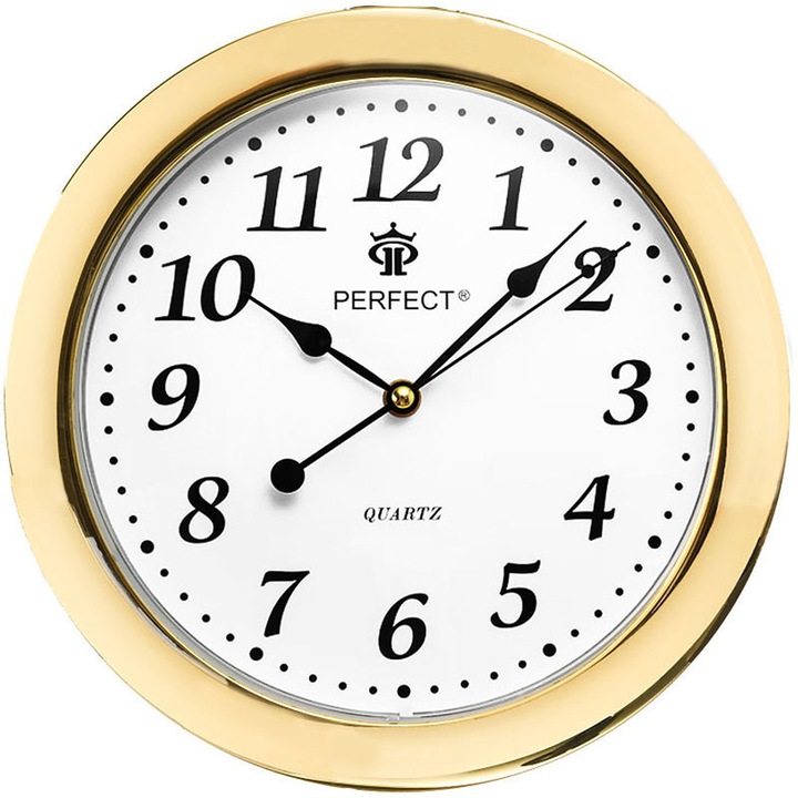 Ceas decorativ de perete, Perfect, ZSPLA17/5, Plastic, 28 cm, Alb/Auriu lucios