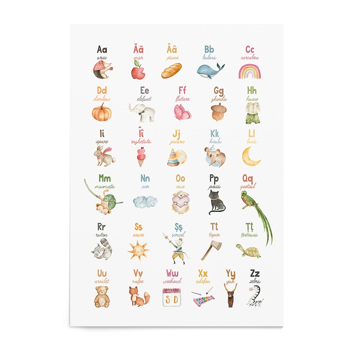 Tablou Litere Alphabet Mix, cu ilustratii pentru fiecare litera din alfabet, Zizula Cards, 30 X 40 cm