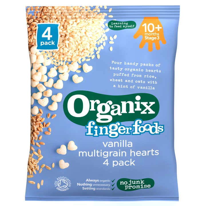 Snack Organix Finger, Inimioare din multicereale expandate, Vanilie, 4x8 g, de la 10 luni