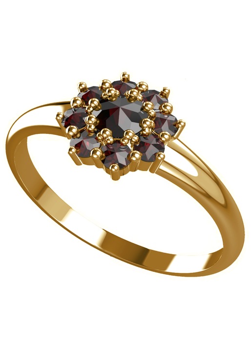 Inel cu o imprastiere de granat natural ceh din aur alb si galben