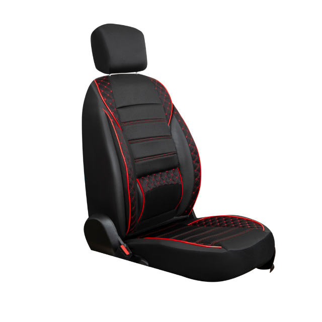 Set Huse Auto Premium, Eco piele si textil, 12 piese, Negru/Rosu eMAG.ro