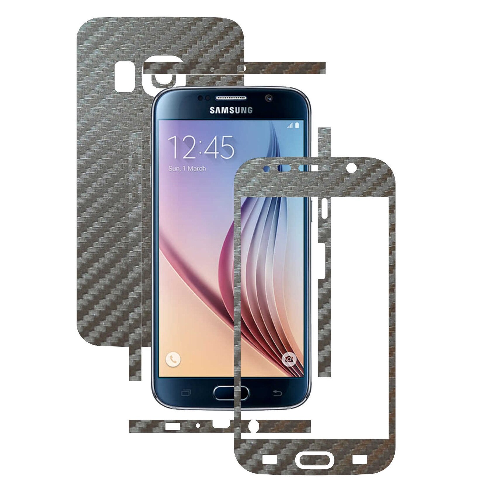 Samsung Galaxy S6 - Folie Full Body Carbon Skinz,Husa tip Skin Protectie Totala, (Folie Rama Ecran + Folie Carcasa si Laterale),Carbon Gri Argintiu