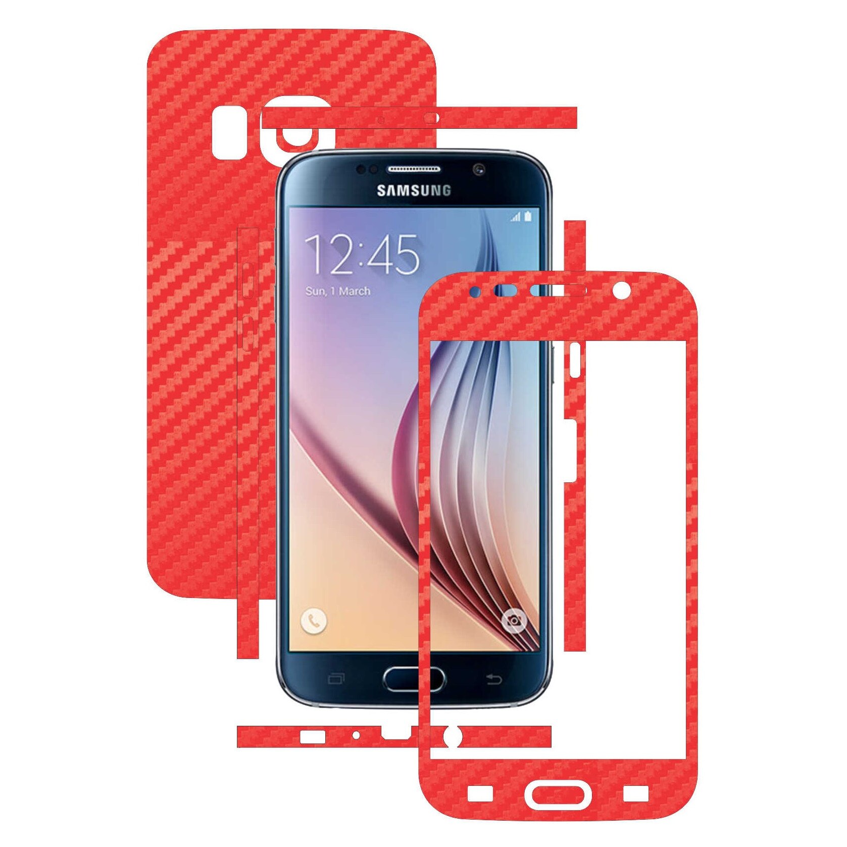 Samsung Galaxy S6 - Folie Full Body Carbon Skinz,Husa tip Skin Protectie Totala, (Folie Rama Ecran + Folie Carcasa si Laterale),Carbon Rosu